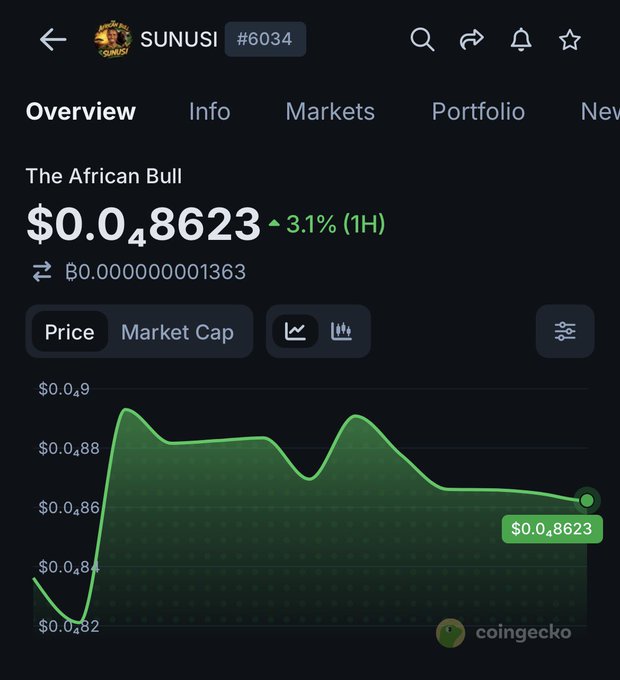 The image shows a CoinGecko price page for $SUNUSI (The African Bull), ticker #6034, trading at $0.048623 with a 3.1% gain over 1 hour, alongside a price chart showing recent volatility between $0.0482 and $0.0489. The screenshot complements the announcement about upcoming weekly X Spaces by highlighting the token's current market performance for the community to follow.