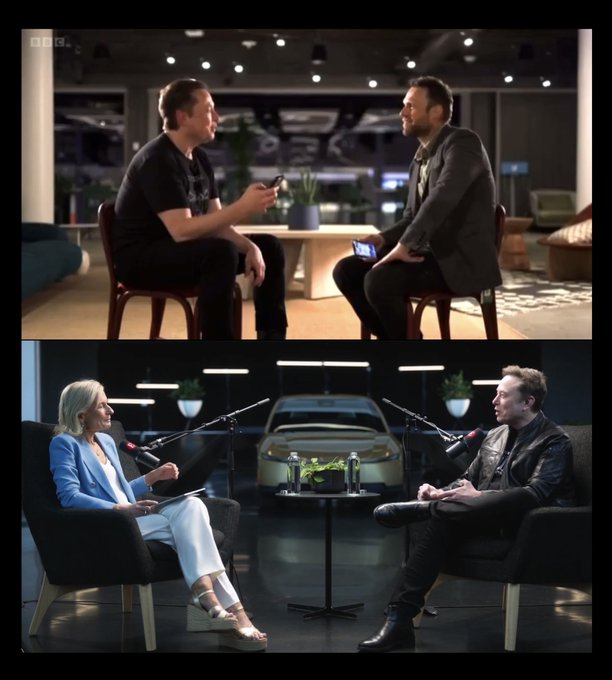 The image shows two interview settings with Elon Musk—one with a male interviewer (top) and another with a female interviewer in a blue blazer (bottom)—both conducted in similar studio environments, supporting the post's observation that the two pictures share nearly identical framing and composition.