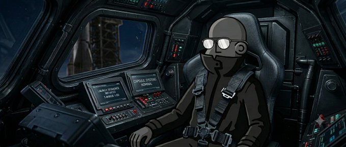 The image features a cartoon character sitting inside a spaceship cockpit with a computer screen in front of them. The character appears to be wearing glasses and has a serious expression as they look out at something outside the window, possibly observing an event or another space mission. The overall scene suggests that the character is engaged in some form of exploration or investigation, possibly related to space travel or other futuristic activities.