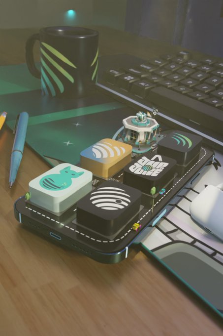 A desk setup featuring a mechanical macro keypad with custom keycaps displaying signal, wifi, and lock icons, placed next to a keyboard, a black mug with neon green accents, and a stylus pen.