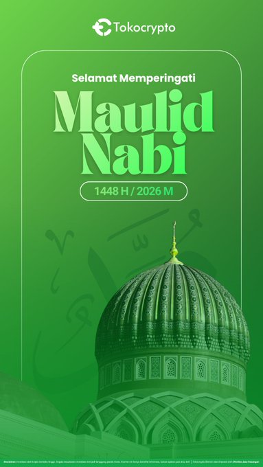 A green promotional graphic from Tokocrypto with text reading "Selamat Memperingati Maulid Nabi 1448 H / 2026 M" featuring an illustration of a green mosque dome.