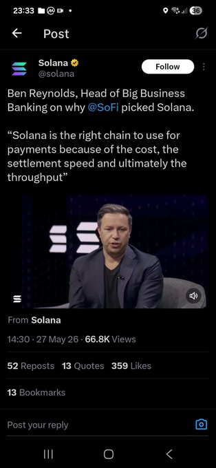 The image features a screenshot of an online social media platform where the main content appears to be related to Bitcoin, cryptocurrency, or specifically the Solana blockchain. The post that is being displayed reads: "Ben Reynolds, Head of Big Business Banking on why @sofi picked Solana. 'Solaana is the right chain to use for payments because of the cost 
of the settlement speed and ultimately the Thoroughput'". 

Several comments can be found in the screenshot as well, showing the opinions or reactions of people towards the post. One comment states that "well well Solana at it again @sofi created their own stablecoin and minted 99.97% of it on Ethereum", which suggests a positive view of the post. Another comment reads: "Well wellSolana@it created their own stablecoin and minted 99.97% of it on Ethereum, and Solana's X account proclaims they picked them, when they only Minted 0.026%". This indicates some disagreement or negative sentiment towards the content of the post.