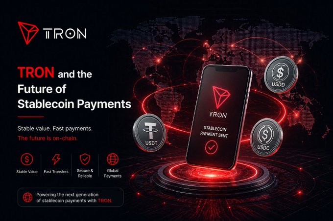 Marketing graphic for TRON titled 'TRON and the Future of Stablecoin Payments' highlighting USDT, USDC, and USDD as features for stable value, fast transfers, and global payments.
