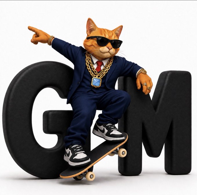 An AI-generated image shows a cool orange tabby cat wearing sunglasses, a navy suit with a gold chain, posing on a skateboard in front of large black letters 'GM'.