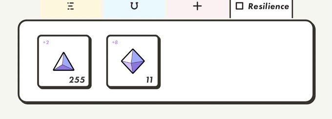 A user interface shows two stat modifiers: a blue triangle with +2 (value 255) and a purple diamond with +8 (value 11), near a 'Resilience' checkbox.