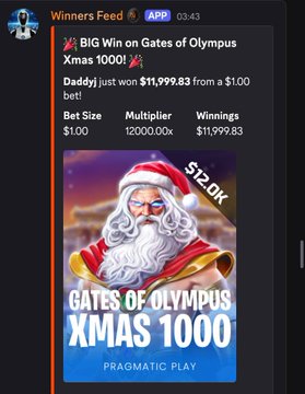 The image shows a "Winners Feed" notification from a gambling app displaying a big win on the "Gates of Olympus Xmas 1000" slot game by Pragmatic Play, where a player turned a $1.00 bet into $11,999.83 with a 12,000.00x multiplier, supporting the post's message about potentially winning big from a small deposit on MetaWin.