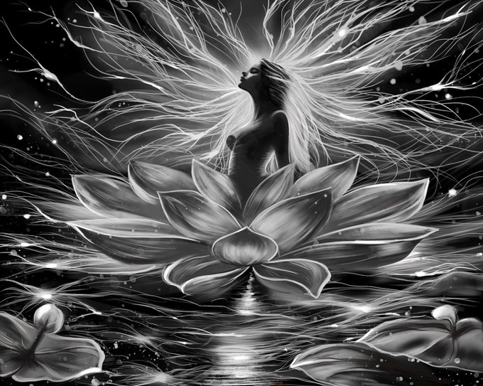 urn of a woman with long blonde hair, holding a flower and gazing upwards against a black background.