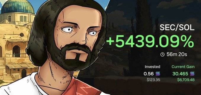 A cartoon depiction of a bearded man next to a cryptocurrency tracker showing 'SEC/SOL' with a massive gain of '+5439.09%', an invested amount of '0.56 SOL ($123.35)', and a current gain of '30.465 SOL ($6,709.48)'.
