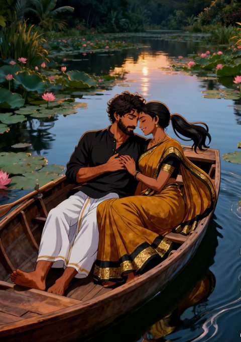 An illustration of a romantic couple in a wooden boat on a calm pond surrounded by lily pads; the man wears a black shirt and white dhoti, while the woman wears a yellow sari.