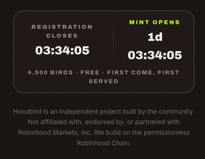 The image displays a countdown timer for the "Hoodbird" NFT mint, showing "Registration Closes" and "Mint Opens" both at 03:34:05 (with 1 day remaining), noting 4,500 free birds available first come, first served. A disclaimer clarifies the project is community-built and unaffiliated with Robinhood Markets, Inc.—relevant context to your caution about the unknown team behind the mint you were offered.