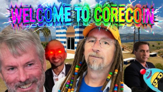 A colorful, distorted welcome graphic reading 'WELCOME TO CORECOIN' featuring photos of four men (including Michael Saylor) with glitch effects and palm tree imagery.