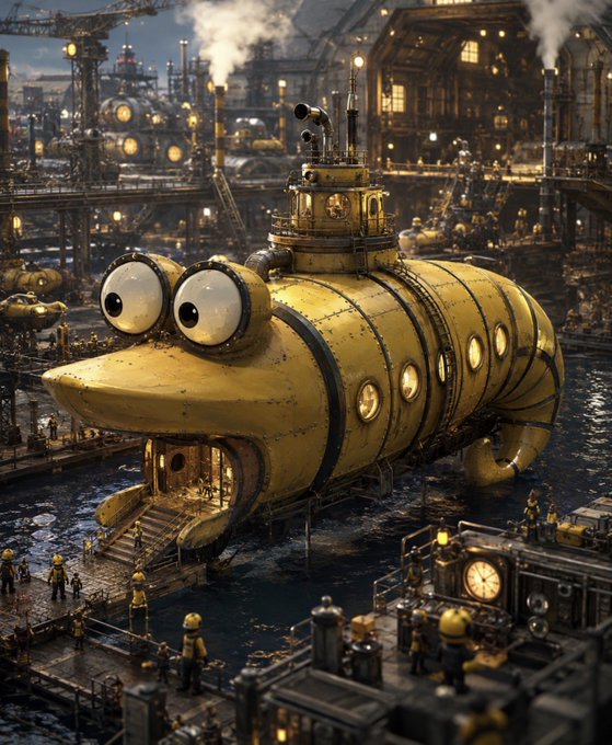 A highly detailed steampunk-style illustration of a large, yellow, submarine-like vessel with giant cartoonish eyes, docked in a bustling industrial harbor with workers in hard hats on the docks and pipes and machinery in the background.