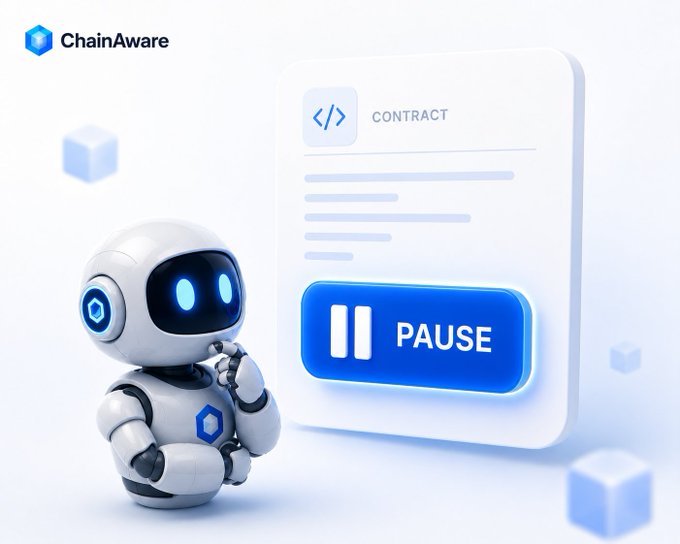 A friendly white and blue robot stands next to a digital "CONTRACT" panel featuring a prominent blue "PAUSE" button, with the ChainAware logo displayed in the top left corner. The image visually reinforces the post's message about pause functions in smart contracts, symbolizing how ChainAware's token audit examines who controls these critical functions and whether proper safeguards like multisig or delay mechanisms are in place.
