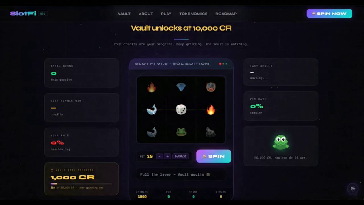 The image shows a website called "SlotFi" with a focus on slot games, specifically a game called "Vaultlocks at 10,000 CR". The website has a dark purple background that contrasts with the white text displayed on the screen. There are several elements in the image such as a green frog and a brown snake, which could be related to the game or its theme. The post about slot games is titled "1/3 Welcome to SlotFi We are completely redefining GambleFi by putting the community first. Spin Smart on slotfi.solapp.space $SLOTFI We are now live on #pumpfun CA: DFWe4isddRExkjiQ8CYWYf86zkyJjD9gTkJcPGe1pump". The post is about a new game called "Vaultlocks at 10,000 CR" and it encourages users to play the game.