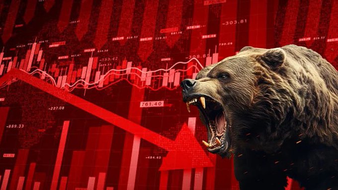 A roaring brown bear is set against a red financial chart background showing a sharply declining line graph and candlestick bars, with visible numbers like -303.81, -227.08, -889.33, 761.40, and -894.40 indicating steep market losses. The imagery visually reinforces the post's warning about bear markets, symbolizing both the predatory nature of market downturns and the lurking scams, failing projects, and collapsed exchanges that emerge when risk management proves inadequate.