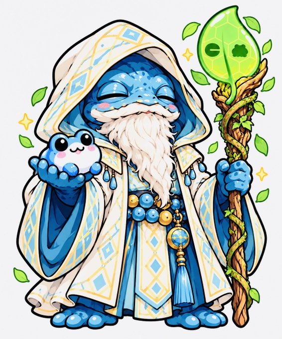 A digital illustration of a blue-skinned, bearded figure wearing a hood and white-and-blue robes, holding a glowing green leaf-topped staff and a small blue creature in its hands.