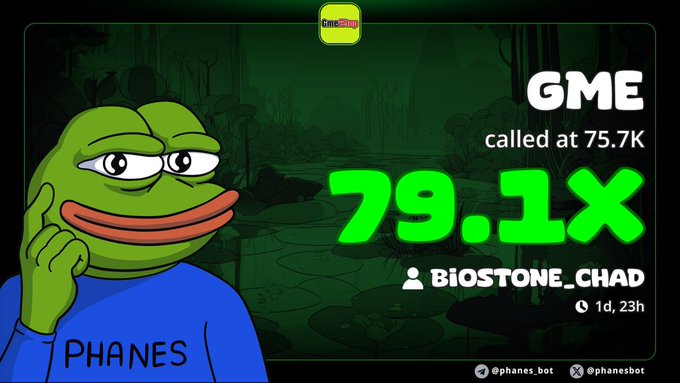 A meme graphic featuring a smug Pepe the Frog wearing a 'PHANES' hoodie, with text 'GME called at 75.7K' and '79.1x' attributed to BIOSTONE_CHAD, tagged @phanes_bot.