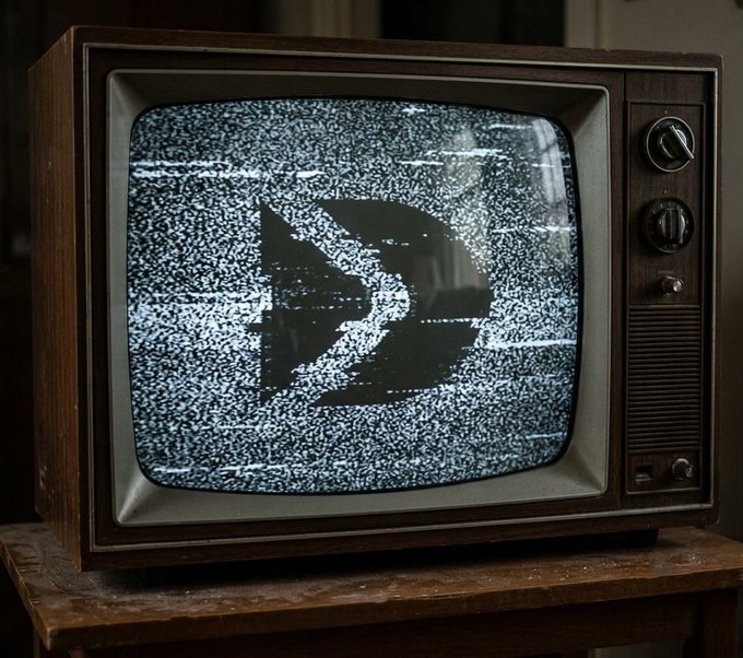 A vintage wood-paneled television set displays black-and-white static with a dark, glitchy shape in the center, sitting on a wooden surface.