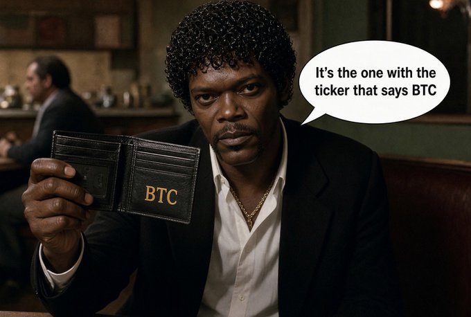 A meme featuring Samuel L. Jackson holding open a black wallet with 'BTC' written on it, with a speech bubble reading 'It's the one with the ticker that says BTC'.