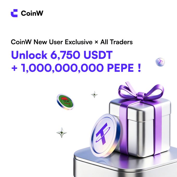 The image is a CoinW promotional graphic announcing a new user and all-traders giveaway, featuring the headline "Unlock 6,750 USDT + 1,000,000,000 PEPE!" alongside a silver gift box with purple ribbon and floating PEPE and CoinW token icons. It visually reinforces the post's offer of bonuses and trading rewards for both new sign-ups and existing CoinW traders.