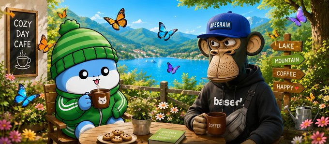 An AI-generated illustration shows a white bear wearing a green striped beanie and hoodie sitting with a black monkey wearing a blue "APECHAIN" cap and black "base1" hoodie, both holding coffee cups at a "COZY DAY CAFE" by a lake with mountains.