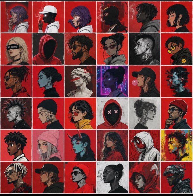 A grid collage of 30 stylized digital art portraits featuring various characters with urban/street aesthetics against predominantly red backgrounds, including figures with hoods, sunglasses, and unique hairstyles.