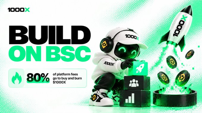 A promotional banner reading 'BUILD ON BSC' for 1000X, noting '80% of platform fees go to buy and burn $1000X', featuring a robot mascot and a rocket ship.