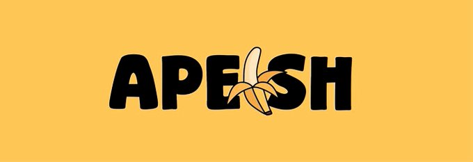 The image shows a cartoon banana logo for the cryptocurrency mining company,apeish. The design consists of a yellow and black banana with the word "apeish" written below it. There are no texts or other objects in the image directly related to the logo's content; however, the background has some text that reads: 
- "giving away 5OG Free Mint Spots"
- "10 FCFS WL Spots Supply: ETH Mint date: 6 June Mint Price: OG: Free Mint FCFS: 0.0012 ETH Public: 0.0028 eth requirements: Follow @_apeish and @eth_2017 like & repost the pinned post Drop your ETH wallet Ends in 20 hours."
- "Don'T". The focus is on the banana logo with these additional descriptions, providing context about the company's services or offerings.