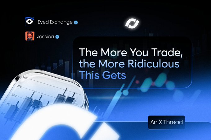 A social media post or thread screenshot with the headline 'The More You Trade, the More Ridiculous This Gets' from Eyed Exchange and Jessica.