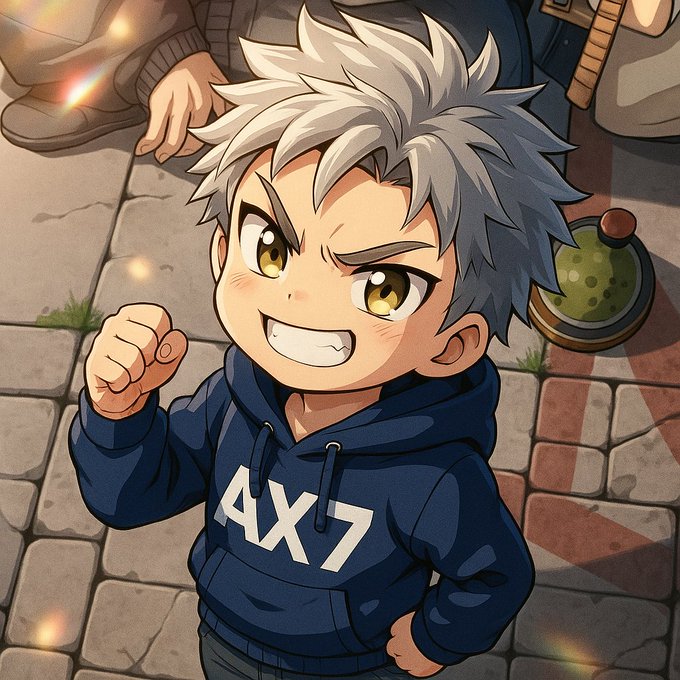 A determined anime boy with silver hair and a wide grin, wearing a navy hoodie with "4x7" printed on it, raises his fist triumphantly on a stone path. The image's energetic, competitive spirit pairs well with the post's request for web3 game suggestions, suggesting excitement and enthusiasm for Friday gaming recommendations.