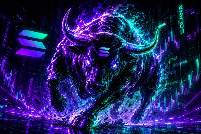 The image features a large, black bull with horns, surrounded by purple and blue elements that create an abstract or surreal atmosphere. In the background, there are buildings and neon lights, which could be interpreted as a representation of the digital world or cryptocurrency industry. The caption "Altcoin season confirmed All in on Solana" suggests that this image is related to the cryptocurrency market or blockchain technology.