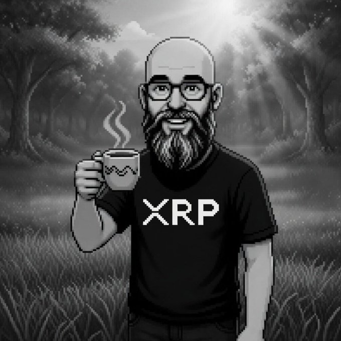A black and white stylized illustration of a bald man with a beard and glasses wearing a black 'XRP' (Ripple cryptocurrency) t-shirt, holding a steaming mug in a forest setting.