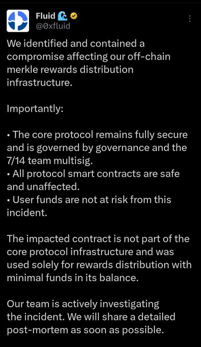 !" At @0xfluid, Team, our team is either the most criminal team in crypto or the least competent Never put a penny for those who encourage deposit the day insiders withdraw funds ... Risk from this incident! Use funds are not at risk from this incident. User funds are not at risk from this incident!", shares information about a crypto hack and emphasizes the importance of securing funds against such risks.