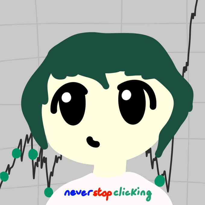 Cartoon illustration of a character with green hair and large eyes, with the text 'neverstopclicking' written across the bottom.