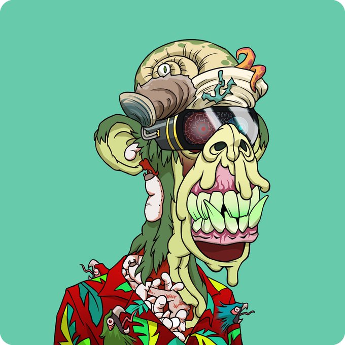 A grotesque green zombie-like ape with a torn mouth exposing large teeth wears a tattered captain's hat with an anchor emblem, while blood-soaked worms crawl out of its red Hawaiian shirt—a horror-style reinterpretation of a Bored Ape Yacht Club NFT that visually represents the poster's unwavering commitment to "holding" their ape regardless of ETH price.
