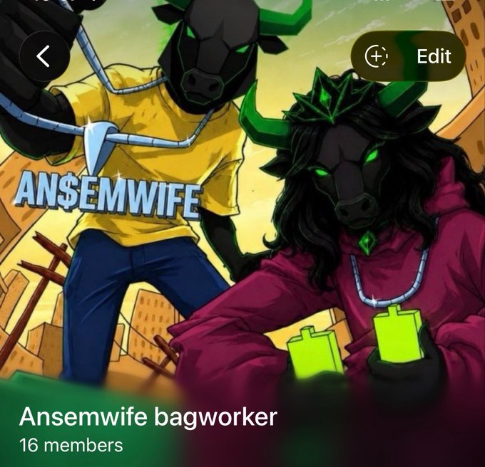 An anime-style illustration of two characters with bull masks and glowing green horns, labeled 'AN$EMWIFE', displayed as an Instagram group chat header for 'Ansemwife bagworker' with 16 members.