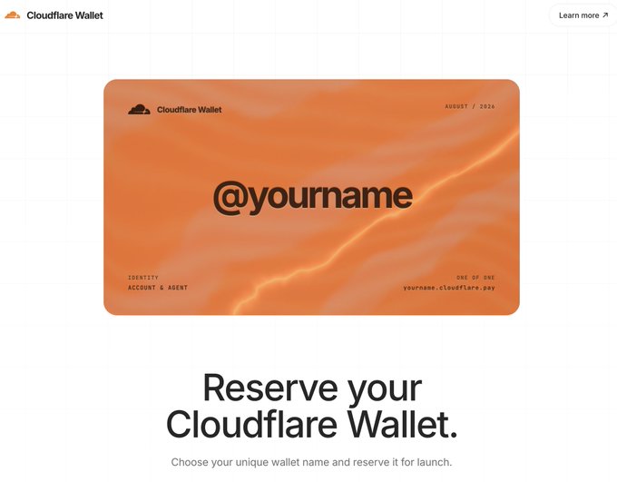 A promotional graphic for Cloudflare Wallet showing an orange '@yourname' identity card and the text 'Reserve your Cloudflare Wallet. Choose your unique wallet name and reserve it for launch.'