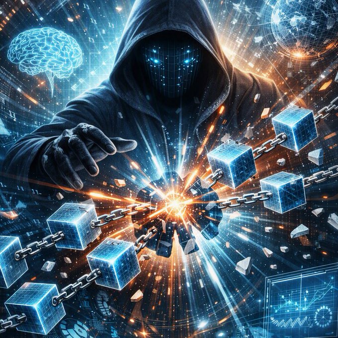 A digital illustration depicts a hooded figure with glowing digital eyes emerging from chains and cubes in an explosion of light, set against a background featuring a glowing brain, a globe, and financial charts, symbolizing blockchain or AI technology.