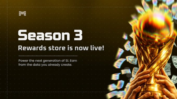 A promotional banner for 'Season 3' with the text 'Rewards store is now live! Power the next generation of SI. Earn from the data you already create.', featuring an image of hands holding a golden trophy surrounded by flying money.