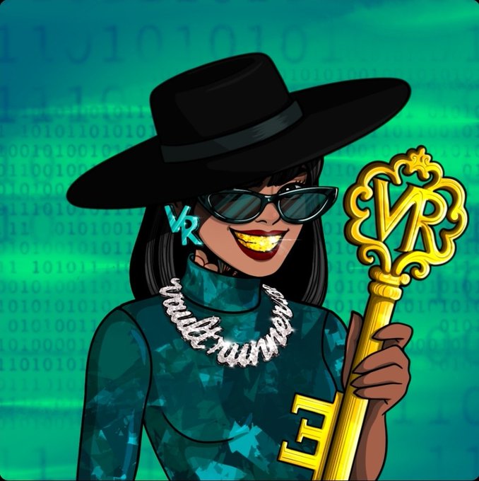 The image features a woman wearing sunglasses, a black hat, and holding a gold key. She has a unique style that includes a necklace and earrings. The background of the image consists of various numbers and letters, which could be related to the post or simply part of the overall design. The caption for this image reads: "Just minted this banger female @VaultRunners !!! rarity rank 16/4448 So much going on with this fine lady. Mint yours today at solonchain.io".