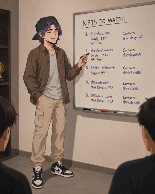 An anime-style illustration shows a purple-haired character in a brown jacket and backward cap standing before a whiteboard titled "NFTS TO WATCH:" listing items 1-5 with contact handles like @clubz_fun, @solbrokers, @the_officent, @hoodndez, and @Kageuri_com.