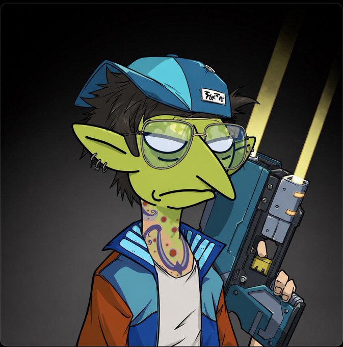 A cartoon-style NFT character of a green-skinned, long-nosed figure wearing a blue cap, sunglasses, and a varsity jacket, holding a futuristic large blue weapon.