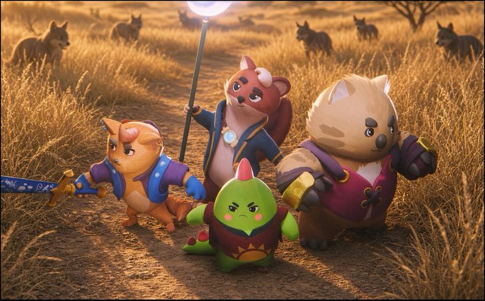 Four anthropomorphic animal characters dressed as fantasy adventurers stand in a grassy savanna, with wolves visible in the misty background.