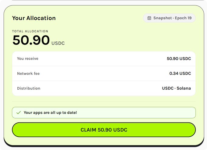 A dashboard screen showing a Grass Stage II allocation of 50.90 USDC, with a network fee of 0.34 USDC and distribution on the Solana network, featuring a "CLAIM 50.90 USDC" button. The image corresponds to step 3 of the airdrop claim tutorial, displaying the allocation amount eligible users can view and claim.