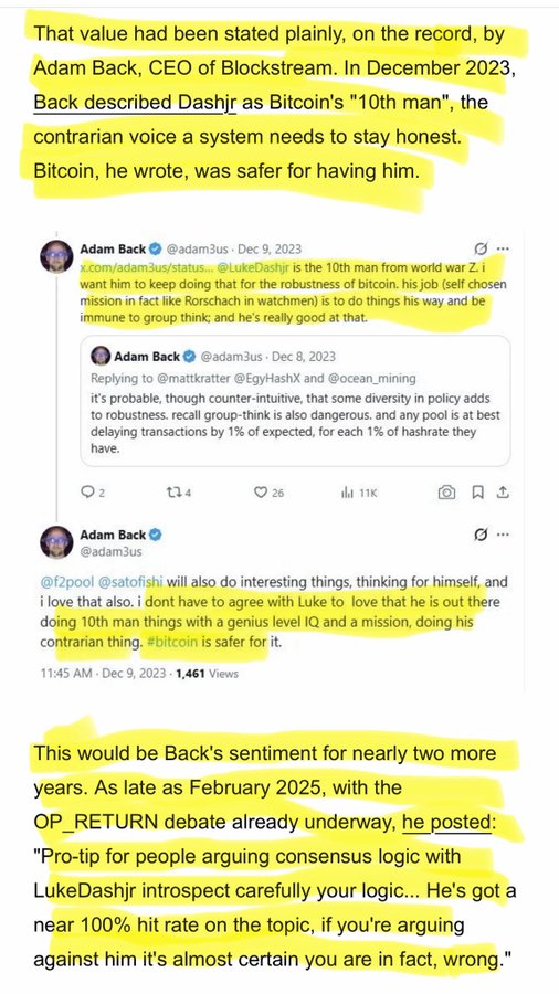 Adam Back (CEO of Blockstream) repeatedly endorsed Bitcoin core developer Luke Dashjr, calling him Bitcoin's "10th man" whose contrarian views strengthened the network, with Back maintaining this sentiment through February 2025 amid the OP_RETURN debate by urging people to recognize Dashjr's "near 100% hit rate." The image underscores that resistance to Dashjr-aligned proposals like BIP-110 comes from established Bitcoin figures who view his criticism as a valuable check on the system.