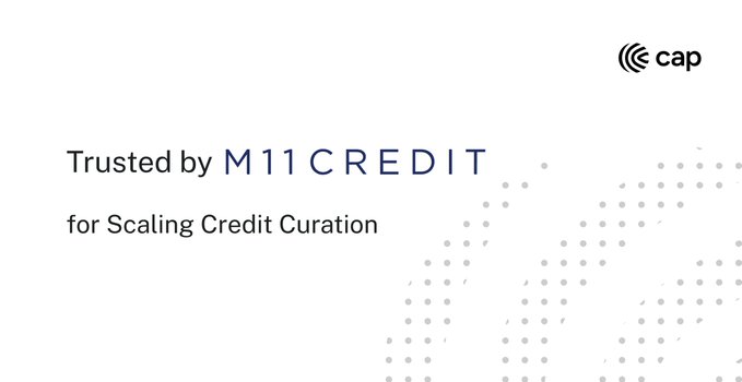 The image features a white background with black text that reads "Trusted by M11 Credit". The text also includes a logo for Cap, which is an arm of Maven11 credit-underwriting service. The text explains that Cap is trusted by M11 Credit and uses their credit curation services to scale structured credit.
