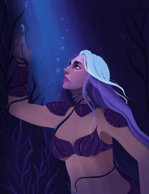 A digital illustration of a purple-haired mermaid-like figure reaching upward toward bubbles in a deep underwater scene, evoking the mystical, fantasy aesthetic of the NFT being posted on Tezos Tuesday with only 1 of 5 editions remaining for 20 XTZ.