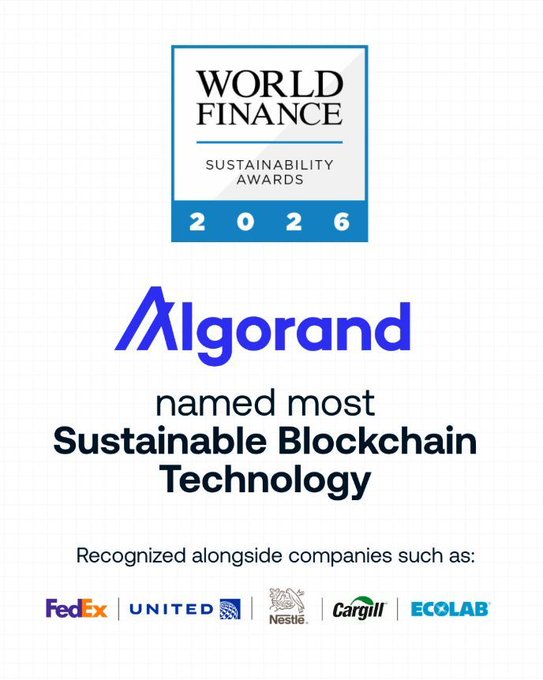 A promotional graphic announces that Algorand was named the 'Most Sustainable Blockchain Technology' at the World Finance Sustainability Awards 2026, recognized alongside FedEx, United, Nestlé, Cargill, and Ecolab.