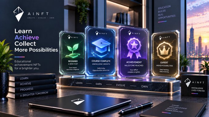 A promotional graphic for 'AINFT' showcasing educational achievement NFTs, featuring four digital cards labeled 'Beginner', 'Course Complete', 'Achievement', and 'Expert' with text like 'Learn, Achieve, Collect, More Possibilities'.
