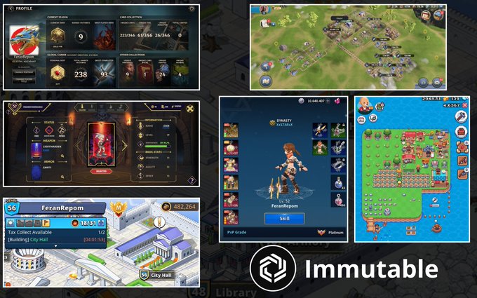 A promotional collage for Immutable showing multiple mobile game screenshots including profiles, base-building games, and a character named FeranRepom (Lv 37).